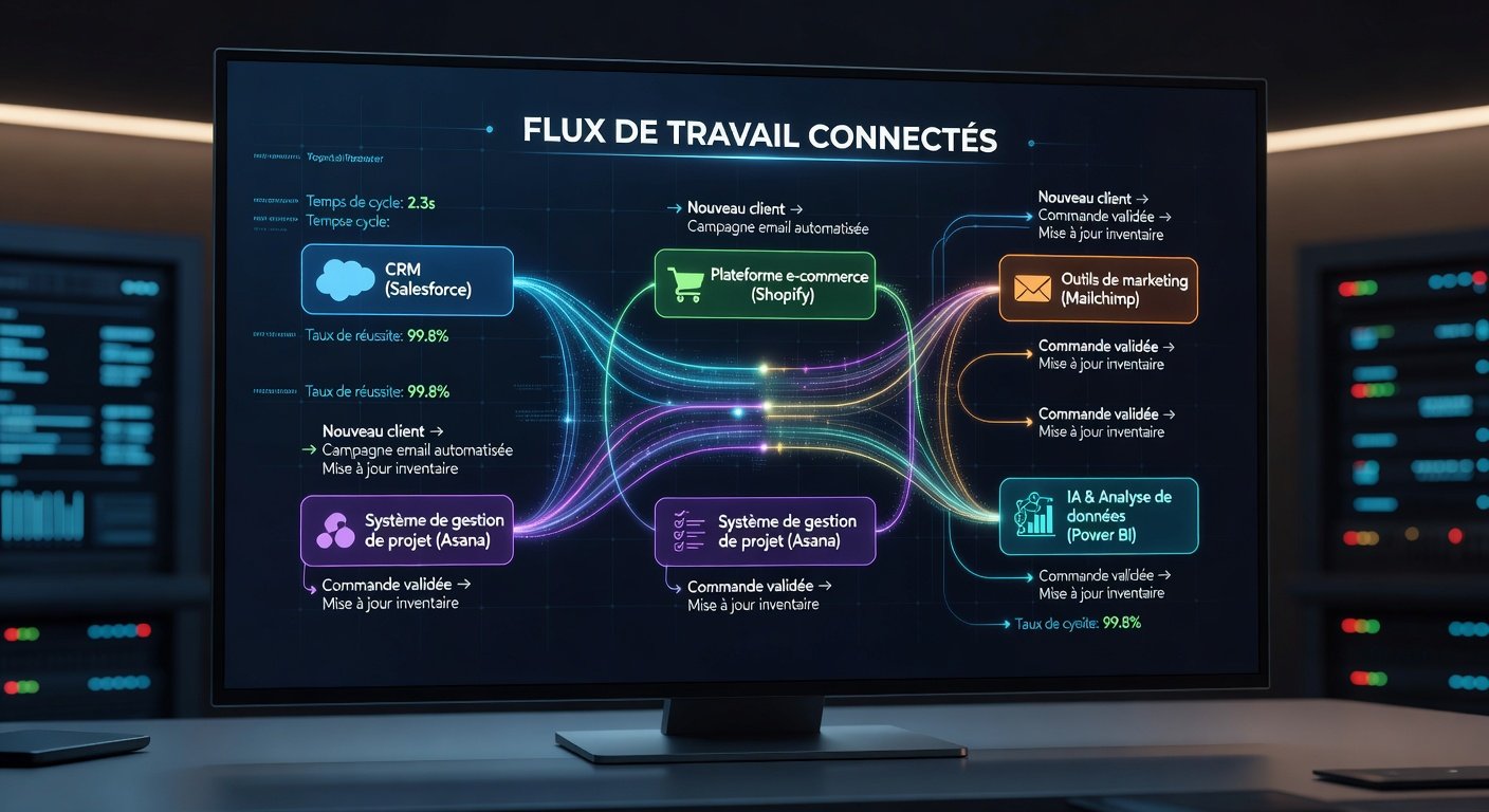 Tableau de bord d'automatisation montrant des flux de travail connectés entre différents outils numériques